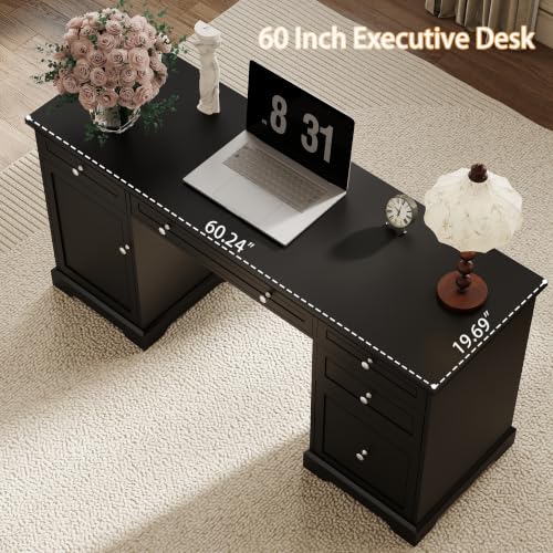 Black Executive Desk with Drawers: 60" Farmhouse Home Office Desks, view 7