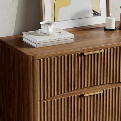 54" Wide Fluted 6 Drawer Dresser, Mid Century Modern Curved Dresser, Light Wood Chest of Drawers for Bedroom, Living Room and Entryway, Walnut