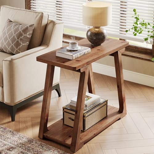 Solid Wood End Table for Living Room, 2-Tier Narrow Rustic Side Table, Rectangle Farmhouse Nightstand for Bedroom, Easy Assembly, Trapezoidal Base (1, Natural Brown)