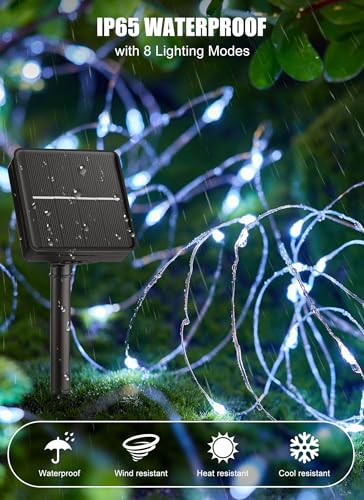 Outdoor Solar String Lights, 2 Pack 33 Feet 100 Led Solar Powered Fairy Lights with 8 Modes Waterproof Decoration Copper Wire Light for Patio Yard Trees Christmas Wedding Party (Pure White)