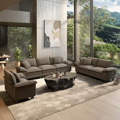 3 Pieces Modular Sectional Sofa Sets, Oversized Couch Set with Loveseats and Armchair, Comfy Cloud Couches with Throw Pillows, 6-Seater Deep Seat Sofa for Living Room, Chenille Ash