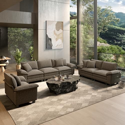3 Pieces Modular Sectional Sofa Sets, Oversized Couch Set with Loveseats and Armchair, Comfy Cloud Couches with Throw Pillows, 6-Seater Deep Seat Sofa for Living Room, Chenille Ash