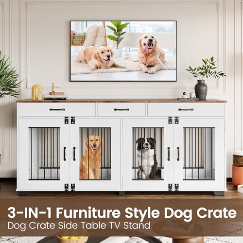 71-Inch Wooden Double Dog Crate with 3 Drawers, Brown & White, view 7