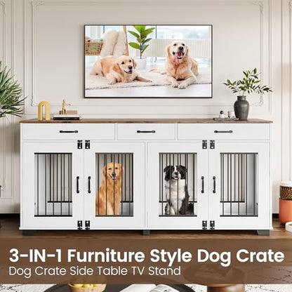 71-Inch Wooden Double Dog Crate with 3 Drawers, Brown & White, view 7