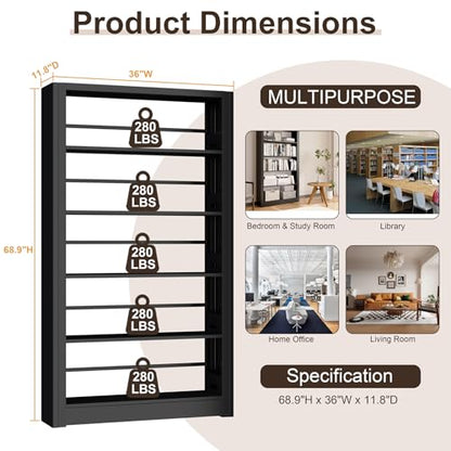 5-Tier Expandable Metal Bookshelf, 69" H x 36" W Heavy Duty Black Bookcase, Adjustable Storage Shelves, 280lbs Per Layer Capacity for Living Room Office Bedroom