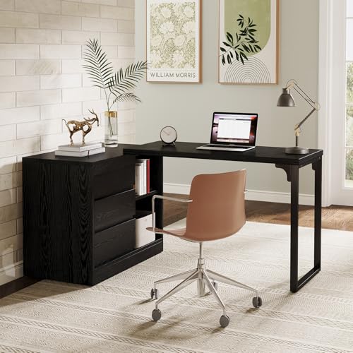 Tribesigns L-Shaped Computer Desk with Drawers and Shelves, Reversible Corner Office Desk with Storage Cabinet, Modern Study Writing Table for Home Office, Bedroom (Black)