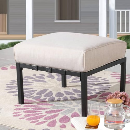 Patio Ottoman Metal Foot Stool Outdoor Ottoman with 5.9" Thick Beige Cushion, 22.4" W x 22.4" D x 18.1" H
