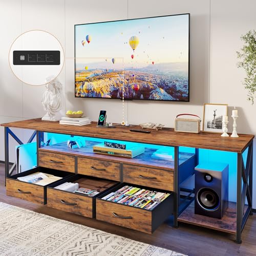 TV Stand with LED Lights & Power Outlets, for TVs up to 85 Inches, 6 Drawers Entertainment Center with Open Storage Shelves, 71" TV Media Console Table for Living Room, Bedroom, Rustic Brown