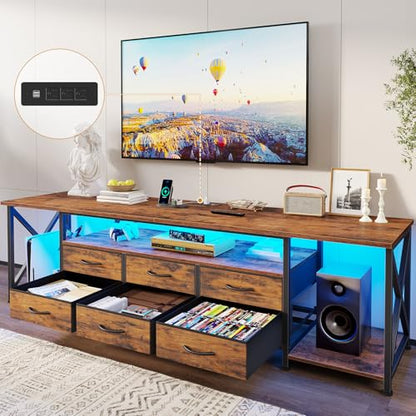 TV Stand with LED Lights & Power Outlets, for TVs up to 85 Inches, 6 Drawers Entertainment Center with Open Storage Shelves, 71" TV Media Console Table for Living Room, Bedroom, Rustic Brown
