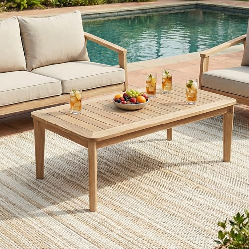 Hartford Patio Acacia Wood Coffee Table, Solid Wood Outdoor Table for Patio Furniture Set, Slat Panel Rectangular Top, Natural Washed