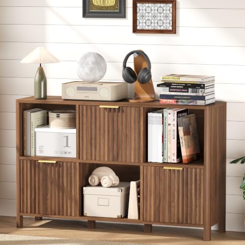 6 Cube Storage Organizer Fluted Bookcase with Reversible Door, view 4