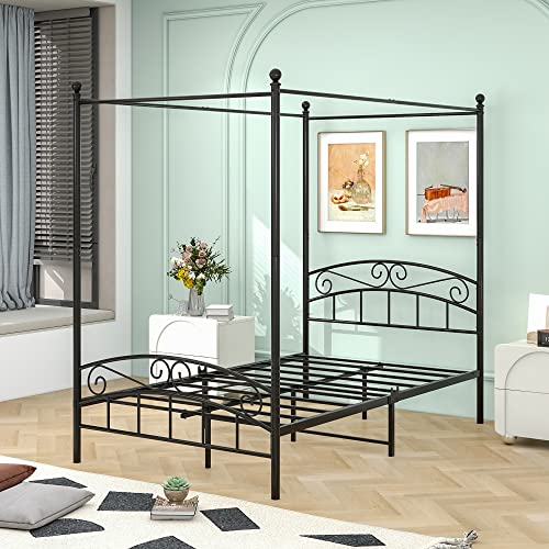 Metal Canopy Bed Frame Four-Poster, Full, Black, view 5
