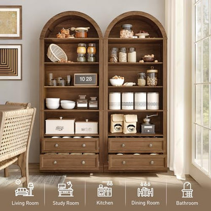 Farmhouse Arched Bookshelf, 7 Tiers Arch Bookcase with 2 Spacious Drawers, view 4