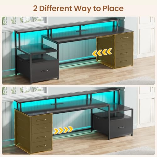 Computer Desk with 5 Drawer, Power Outlet, Led Lights, Black, view 5