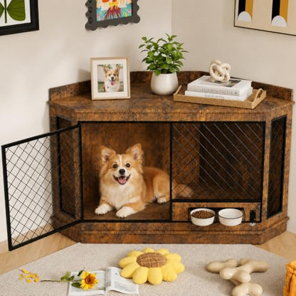 51.3-Inch Corner Dog Crate Furniture with 360° Rotating Feeder, XL Kennel, view 2