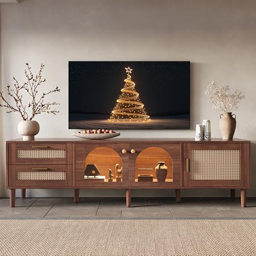 Rattan TV Stand with LED Lights, 70" Entertainment Center with 3 Cabinets & 2 Drawers Media Console Table for TVs Up to 80", Solid Wood Feet, Living Room, Bedroom Furniture