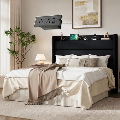 Storage Queen Bed Frame with Charging Station Headboard, Black, view 4