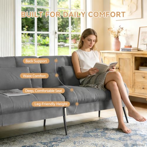 72″Futon Sofa Bed,Modern Convertible Sleeper Sofa, Fabric Futon Couch with Multi-Position Backrest for Living Room Furniture (Grey) | Convertible Fabric futon couch with pillows, upholstered recliner lounge, multi-angle loveseat, living room furniture