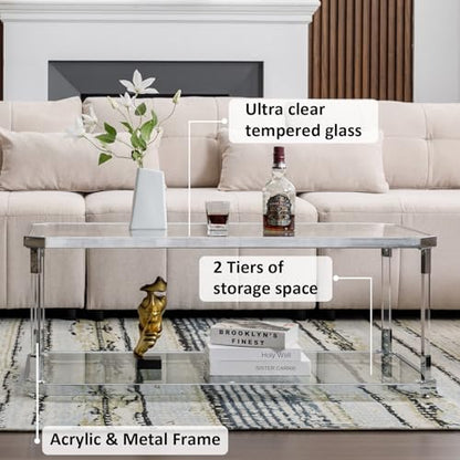 Glass Coffee Table, Clear Coffee Table with 2 Tiers, Acrylic Leg, Chrome Frame, Rectangular Center Table for Living Room (Chrome-New)