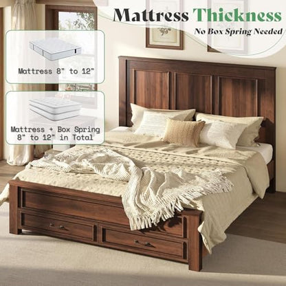 52.2" Queen Size Farmhouse Bed Frame with Headboard, Rustic Brown, view 7