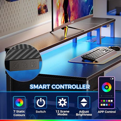 53 inch Reversible L Shaped Desk with LED Lights & Power Outlets, Computer Desk with Shelves & Monitor Stand, Gaming Desk with Drawer, Home Office Desk, Carbon Fiber Black