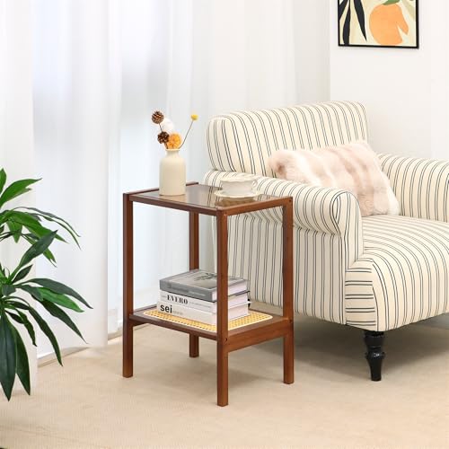 2-Tier Bamboo Side Table, Modern Glasstop Rattan Side Table, Mid Century Wood Sofa-Side End Tables for Living Room, Bedroom Night Stand with Storage, Small Narrow Coffee Tables, Walnut