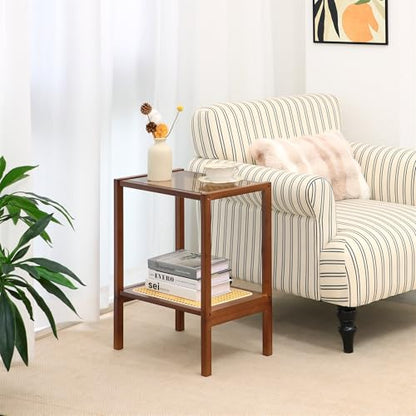 2-Tier Bamboo Side Table, Modern Glasstop Rattan Side Table, Mid Century Wood Sofa-Side End Tables for Living Room, Bedroom Night Stand with Storage, Small Narrow Coffee Tables, Walnut