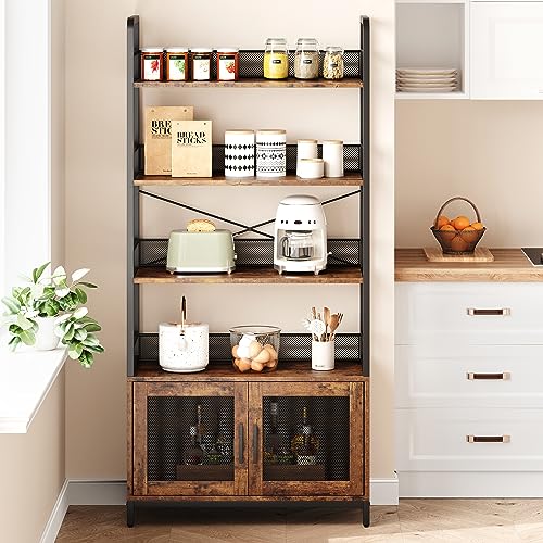 Bookshelf with Doors Industrial Bookcase with 4 Tiers Open Storage Shelf 70.87 in Tall Bookshelves Rustic Display Rack Cabinet for Bedroom, Living Room, Home Office, Brown