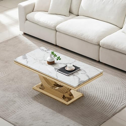 Luxury Faux Marble Coffee Table, 47" White Sofa Coffee Table with 0.71" Thick Marble Tabletop and Gold Mirrored Stainless Steel Base, Modern Cocktail Table Center Table for Living Room Office