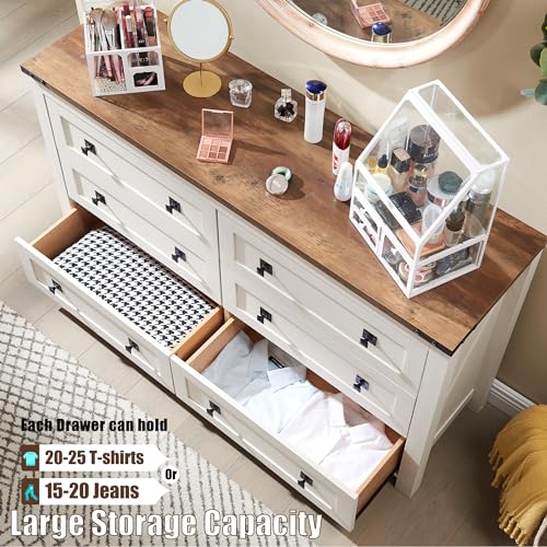 54" Wide Farmhouse 6-Drawer Dresser for Bedroom, Antique White | Rustic, Wood Storage Cabinet, Metal Handle, Unique Corner Accent, Bedroom, Living Room, Hallway