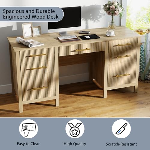 Fluted Executive Desk with Drawers: 60" Oak Home Office Desks with File Drawers, Modern Computer Desk with Gold Handles, Writing Table for Study, Living Room (Oak, 60")