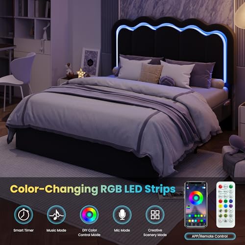 Full Size Bed Frame with LED Lights and Storage Drawer, Black, view 4