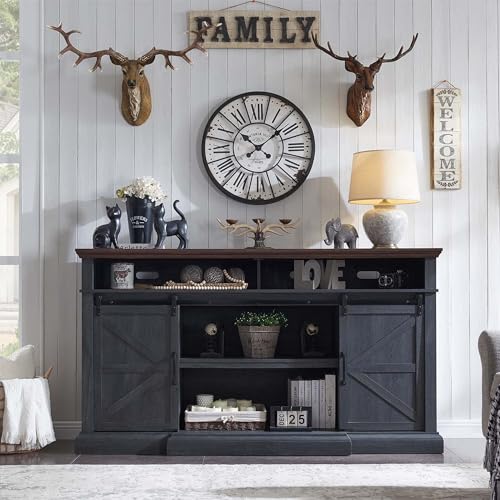 Farmhouse 80/75 inch TV Stand, 37.4" Tall Entertainment Center, Grey, view 5