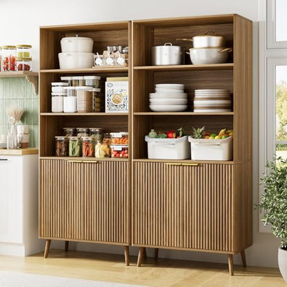 Walnut Bookshelf, 70.9" Tall Book Shelf, 5-Tier Bookcase with Fluted Doors and Adjustable Shelves, Wooden Storage Cabinet for Living Room, Office(Walnut, 1PC)