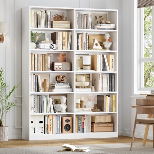 Bookshelf and Bookcase, 6-Tier Double Wide Bookshelves,Freestanding Display Storage Shelves, Tall Bookcases for Home Decor Bedroom, Living Room, Home Office, White