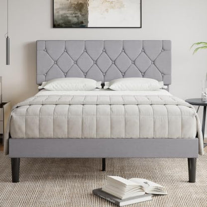 Full Bed Frame with Upholstered Tufted Headboard, Grey, view 2