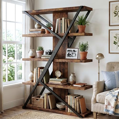 5-Tier Industrial Bookshelf, Tall Wood and Metal Bookcase,Brown, view 2
