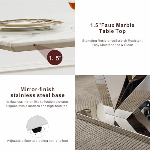 Marble Dining Table for 6 People, 70'' Rectangle Faux Marble Dining Table with Mirrored Stainless Steel Base, Large Size Marble Kitchen Table (Silver,White)(ONLY Table)