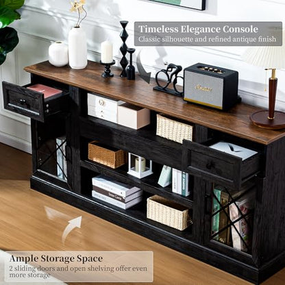 70 Inch Farmhouse TV Stand Table for 75 80 inch TV, Modern Entertainment Center with LED Lights and 2 Drawers, Wooden TV Stands for Living Room (Espresso)