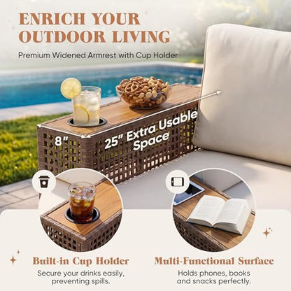 Patio Furniture Set,6 Pieces Outdoor Sectional Sofa with Cup Holder and 7.87in Wider Armrest, PE Wicker Backyard Couch Set with Coffee Table&Glass Tabletop for Deck, Porch（6 pcs）