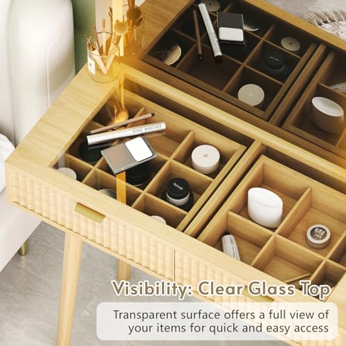 49” Wood Makeup Vanity Desk with Mirror and Lights Natural Oak, view 4