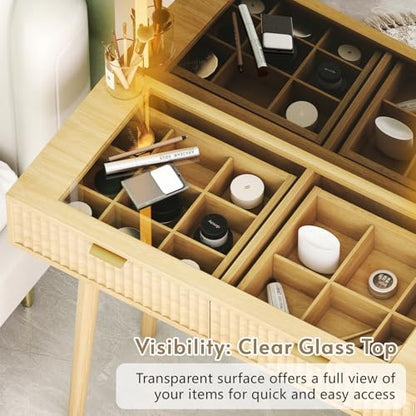 49” Wood Makeup Vanity Desk with Mirror and Lights Natural Oak, view 4