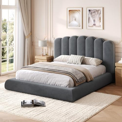 Queen Size Cloud Bed Frame with Wave Headboard, Plush Foam Upholstered Platform, view 2