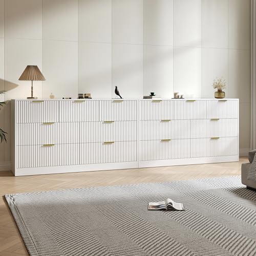 White Dresser Set of 2, Long Dresser for Bedroom Wooden with 14 Drawers, Fluted Modern Bedroom Furniture Set, TV Stand Dressers & Chests of Drawers for Closet (15.7"D x 110.2"W x 31.8"H)