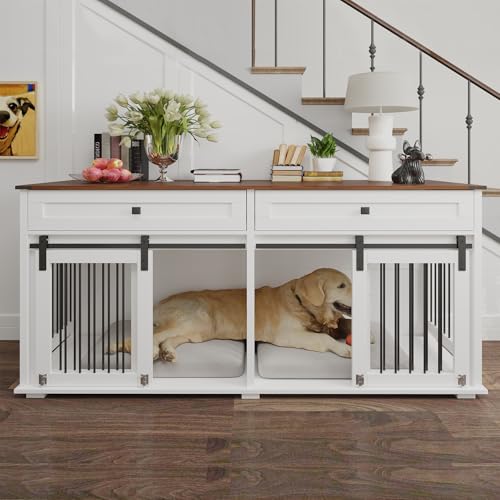 Double XL Dog Crate Furniture, White Wooden Pet Kennel Cabinet with 4 Doors, view 4