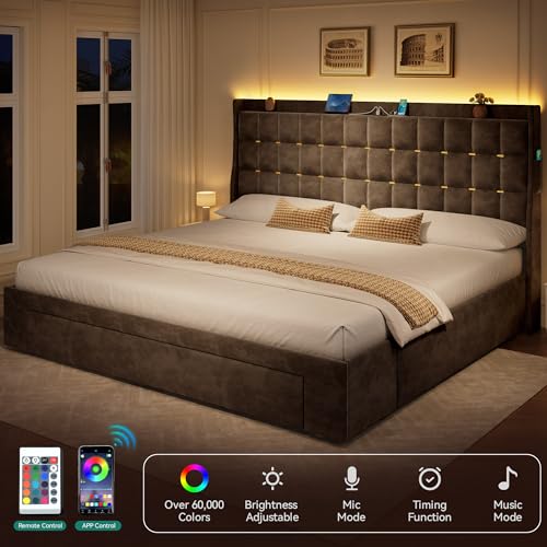 King Size Bed Frame with 3 Storage Drawers and RGB LED Lights, view 6