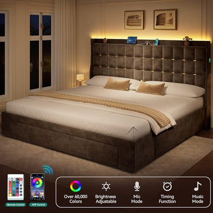 King Size Bed Frame with 3 Storage Drawers and RGB LED Lights, view 6