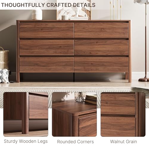 Walnut 6 Drawer Dresser for Bedroom, 55"Wide Modern Wood Dresser, view 4