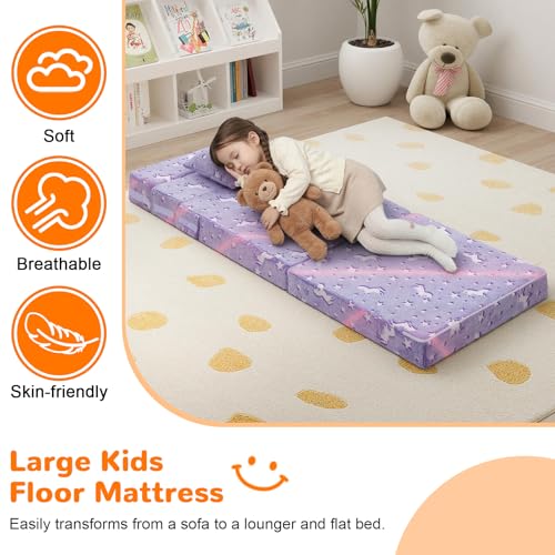 Foldable Futon Chair Bed for Kids, Glow Tri-Fold Sofa Bed Convertible Toddler Sofa Mattress, Foam Floor Couch for Sitting, Purple