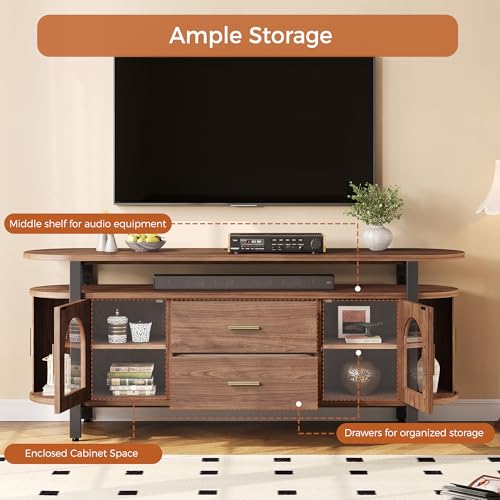 Mid-Century TV Stand for TVs up to 70, Entertainment Center with Storage Drawer and Sliding Door, Walnut TV Console for Living Room, Bedroom